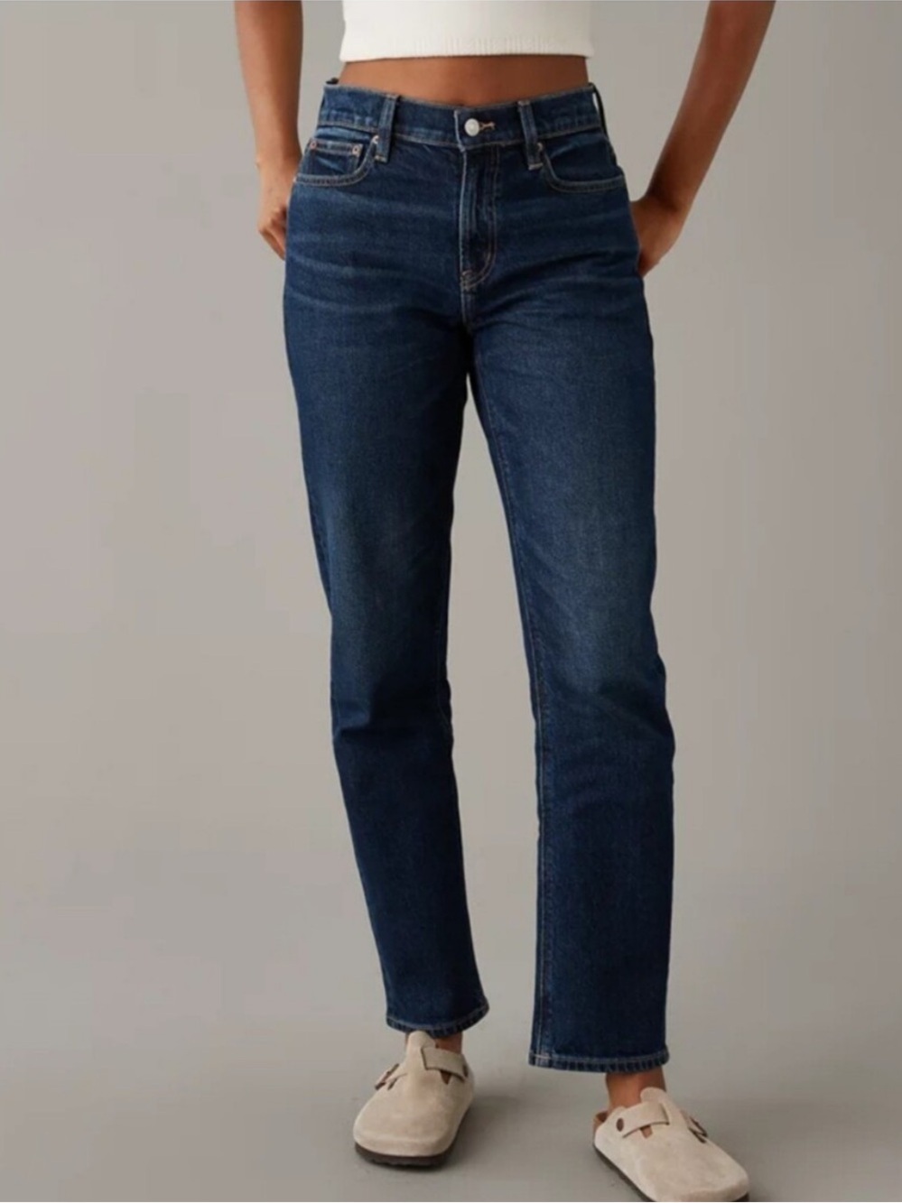 American Eagle Super High Rise Ankle Straight Jeans Medium Dark Wash 8 Long